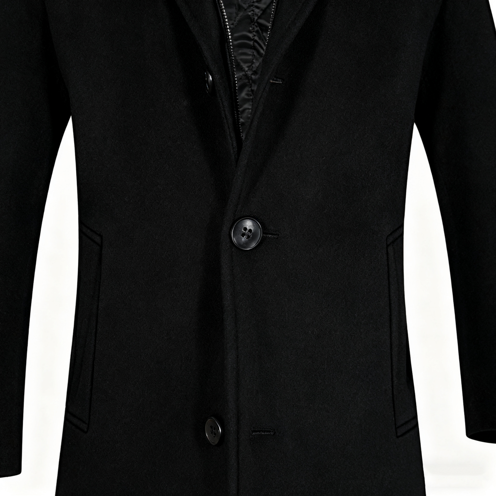 Men's Hooded Wool-Blend Trench Coat - Black 3-in-1 Overcoat for Business, Casual, and Winter Layering