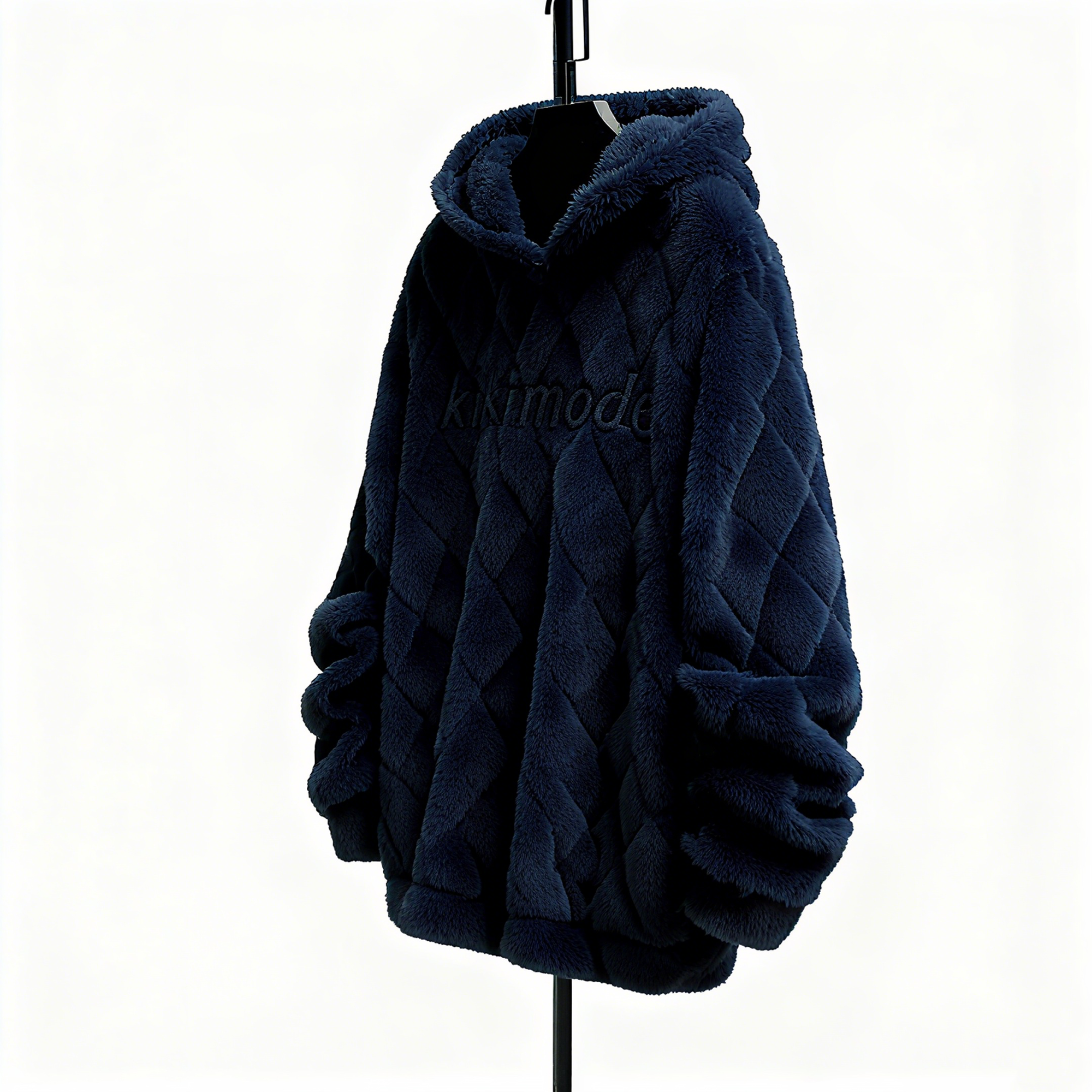 100% Polyester Deep Navy Fuzzy Quilted Hoodie: Sophisticated Comfort & Textured Luxury