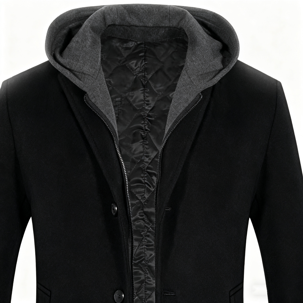 Men's Hooded Wool-Blend Trench Coat - Black 3-in-1 Overcoat for Business, Casual, and Winter Layering