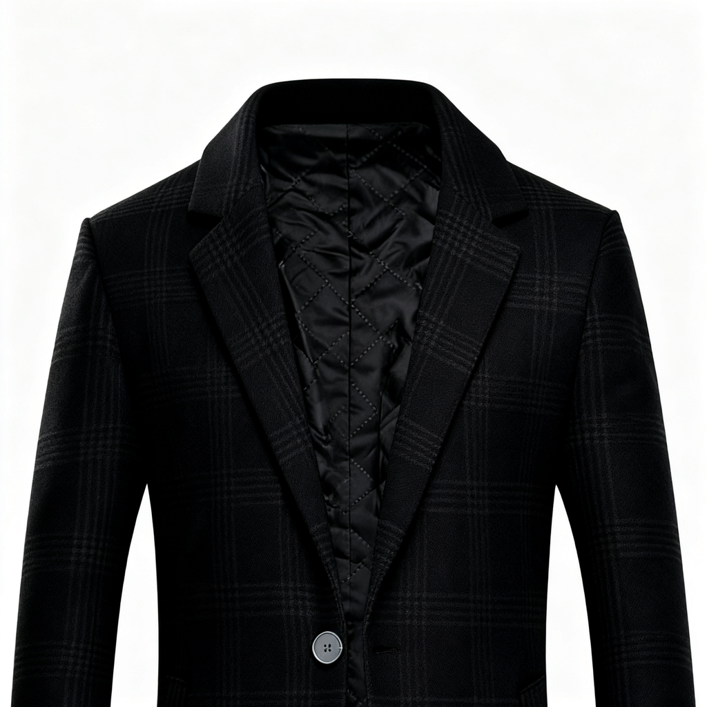 Men's Black Plaid Wool-Blend Trench Coat - Timeless Overcoat with Quilted Lining for Formal, Business, and Winter Elegance