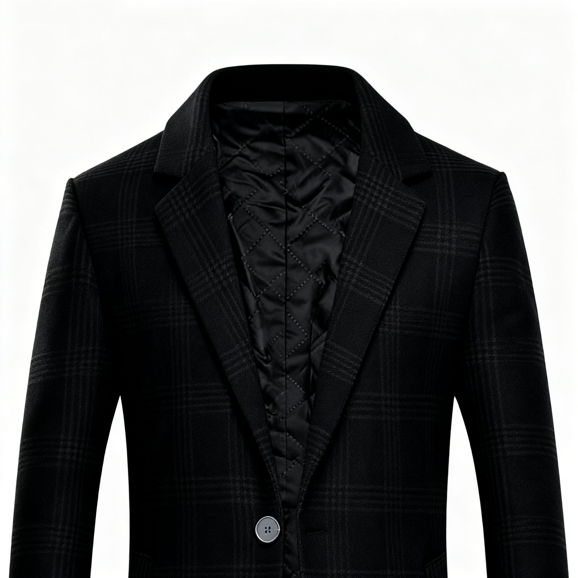 Men's Black Plaid Wool-Blend Trench Coat - Timeless Overcoat with Quilted Lining for Formal, Business, and Winter Elegance