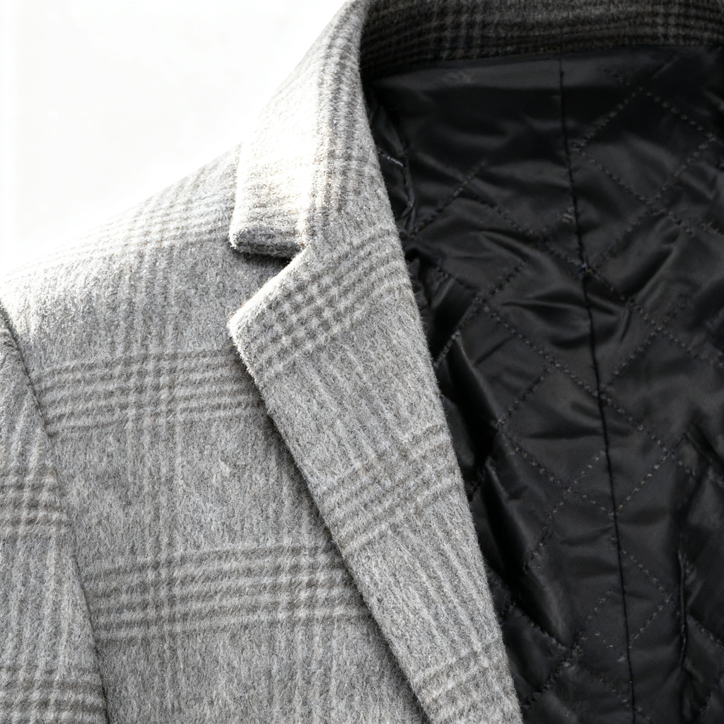Men's Gray Plaid Wool-Blend Trench Coat with Quilted Liner - Classic Tailored Overcoat for Winter Sophistication & Warmth