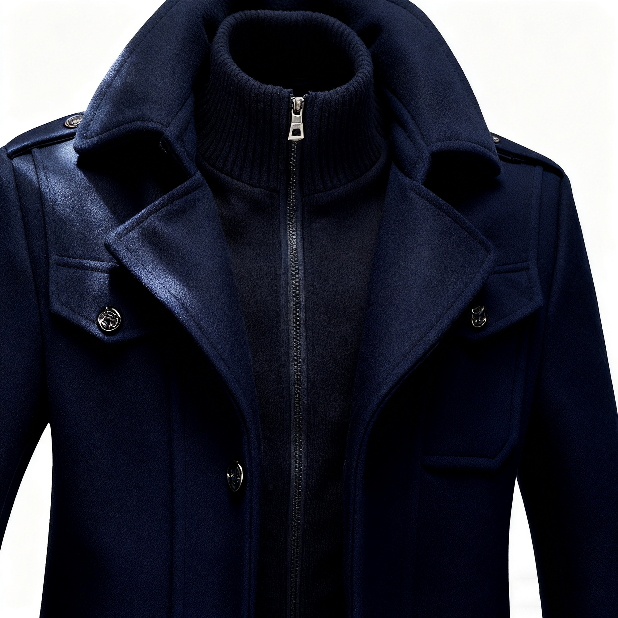 Men's Navy Wool-Blend Trench Coat with Detachable Knit Inner - Classic Double-Layered Overcoat for Winter Elegance & Warmth