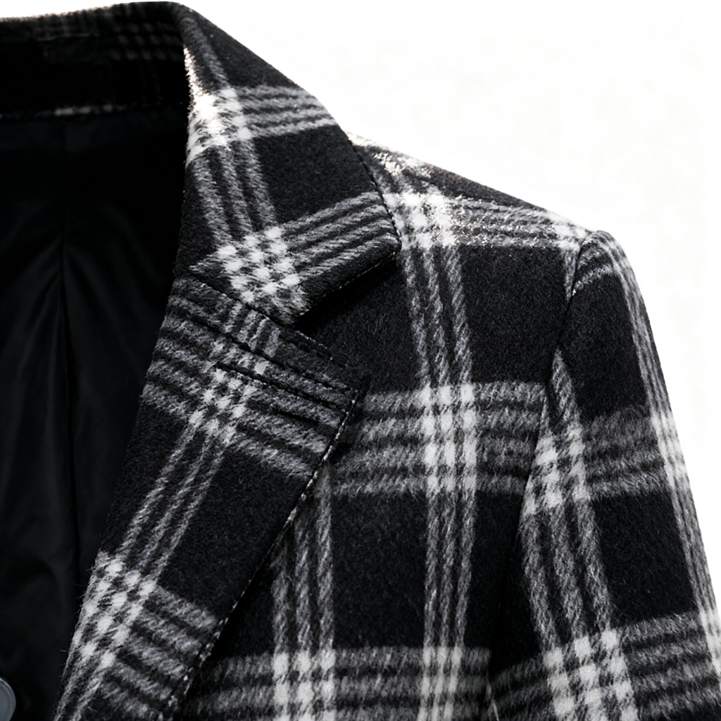 Black & White Plaid Wool-Blend Trench Coat: Retro-Chic Style & Timeless Versatility