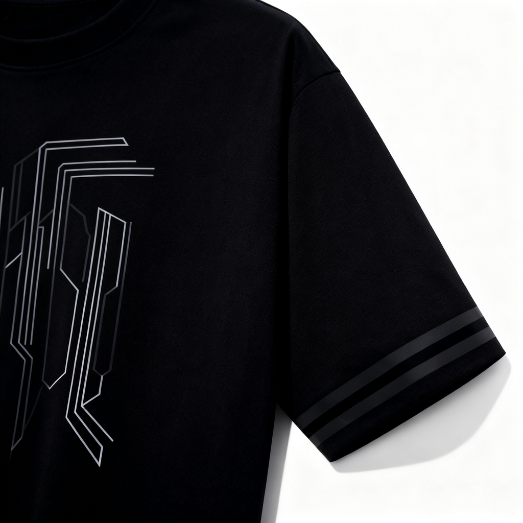 Men's Black Tech-Inspired Graphic T-Shirt with Striped Cuffs - Urban Streetwear Tee for Casual & Trendy Looks