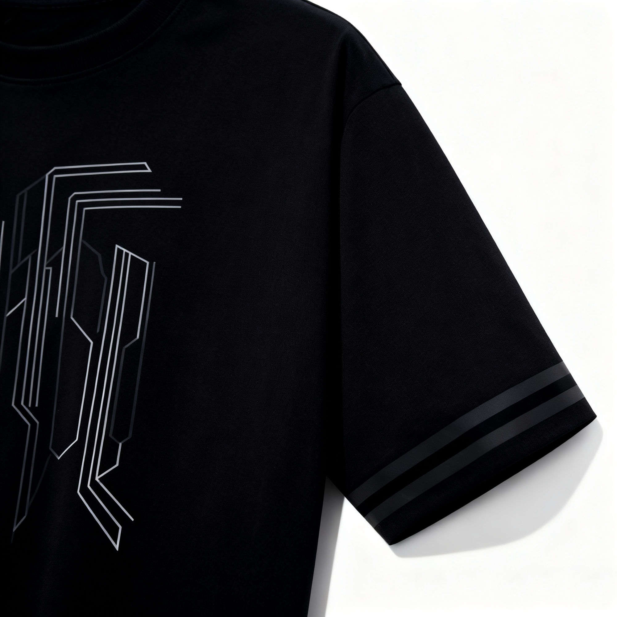 Men's Black Tech-Inspired Graphic T-Shirt with Striped Cuffs - Urban Streetwear Tee for Casual & Trendy Looks