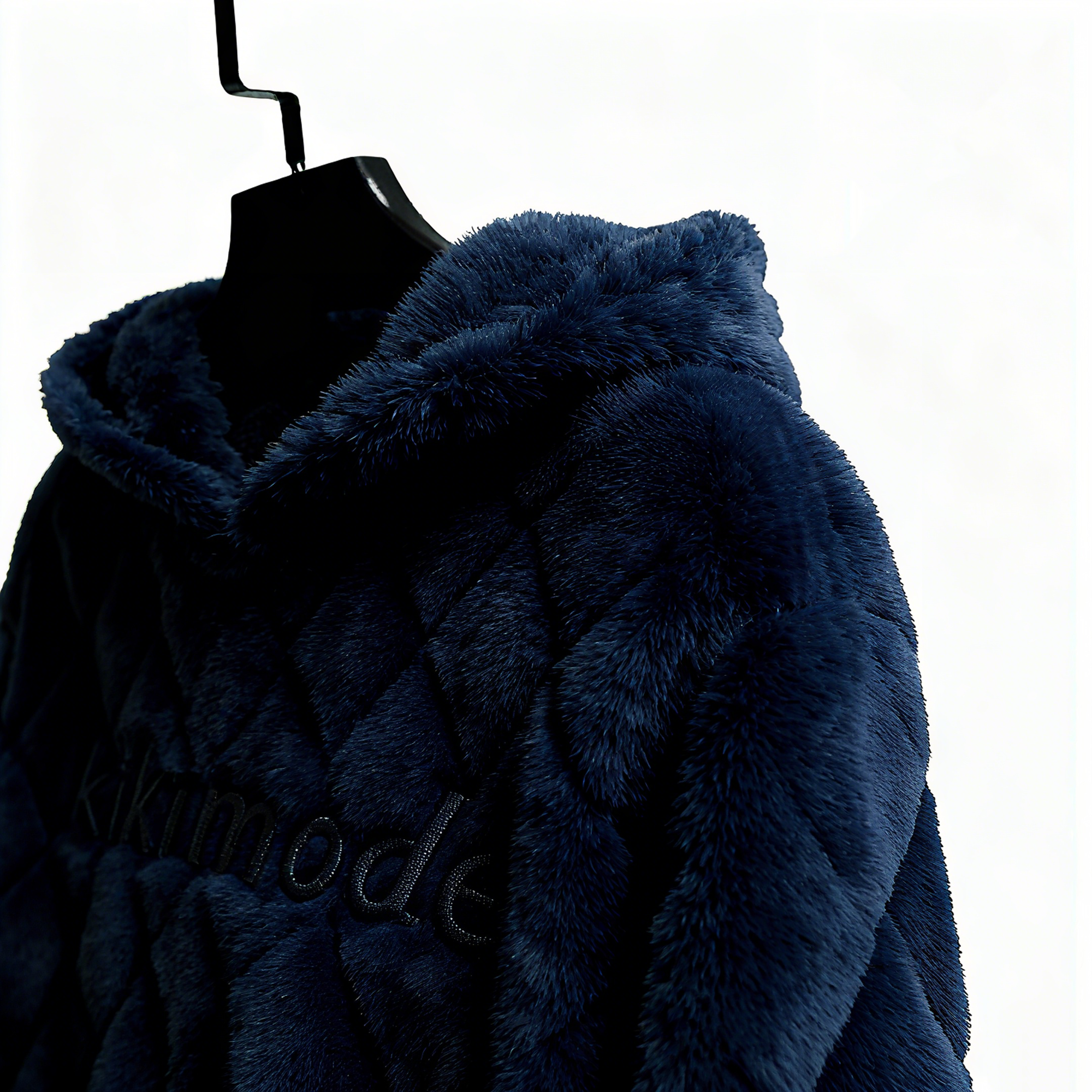 100% Polyester Deep Navy Fuzzy Quilted Hoodie: Sophisticated Comfort & Textured Luxury