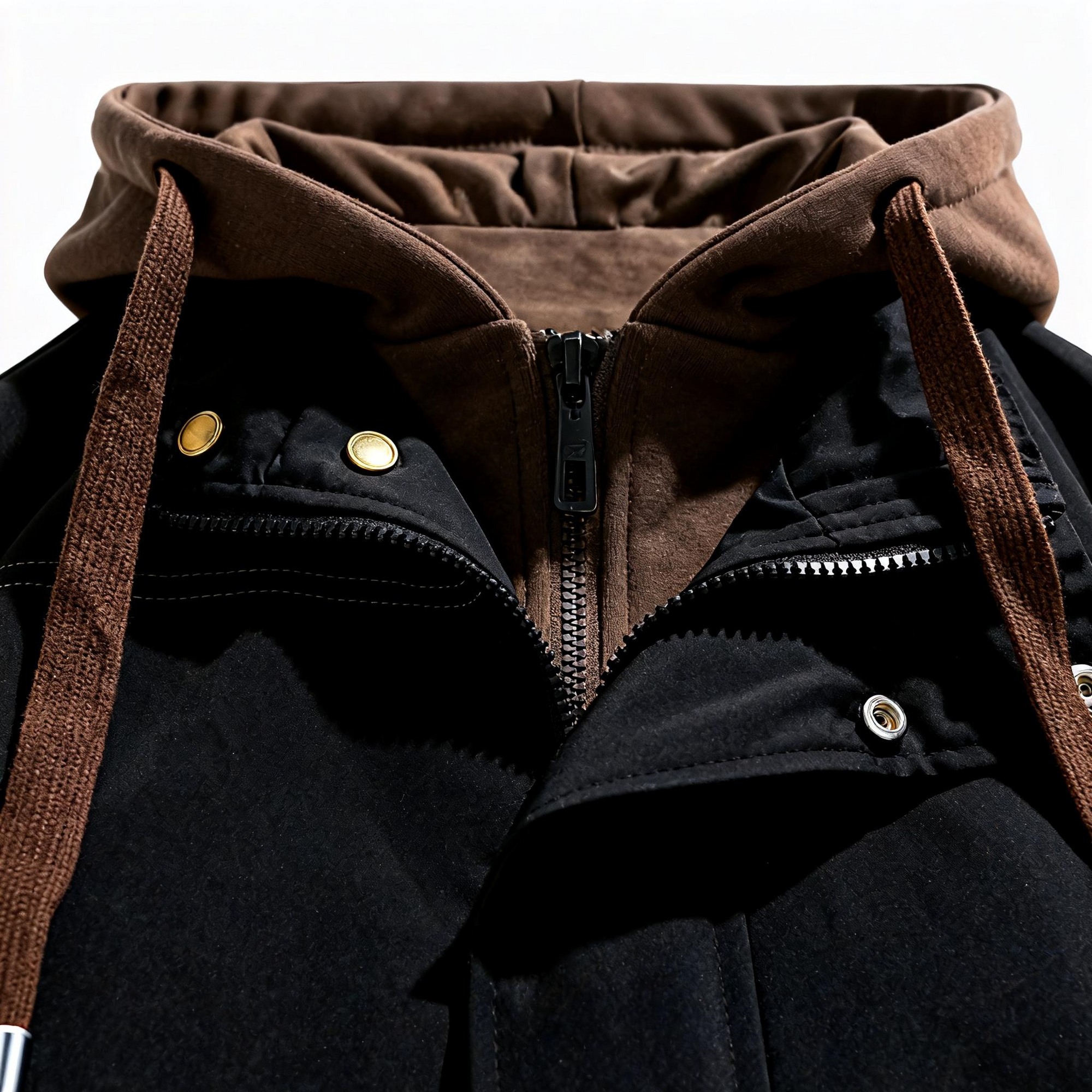 Men's Black & Brown Contrast Hooded Jacket - Urban Street Style & Versatile Comfort for Casual Outings