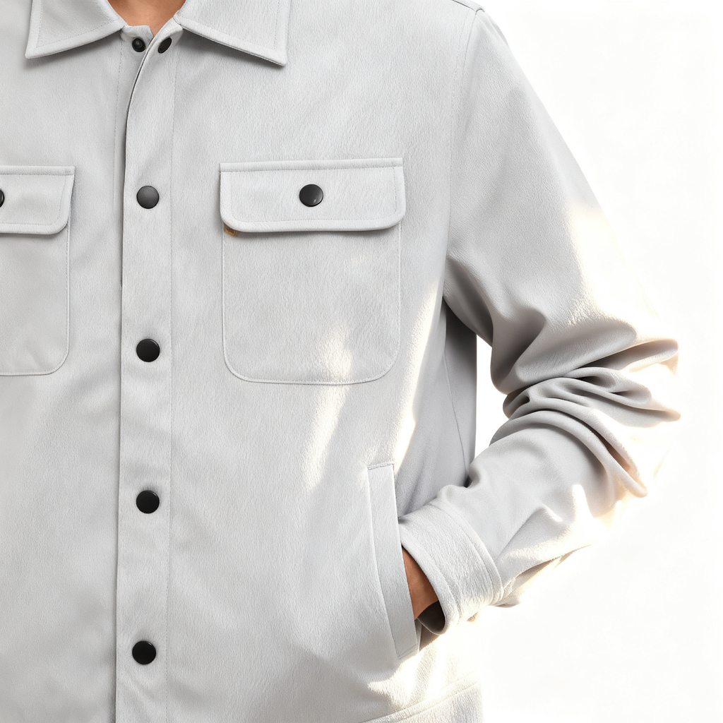 Men's Light Gray Suede-Like Casual Jacket - Classic Button-Down Trucker Jacket with Utility Pockets for Daily, Street & Smart-Casual Looks