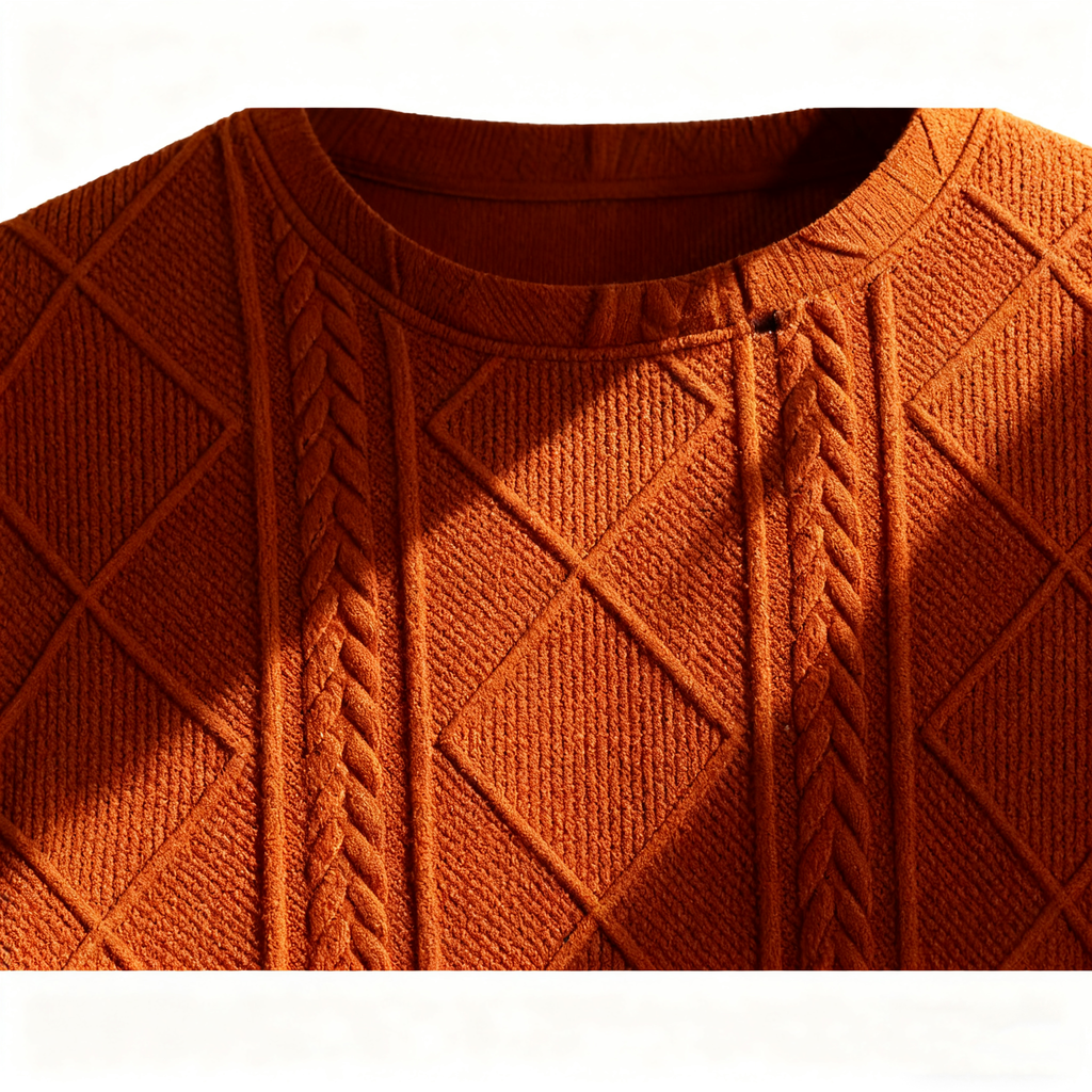 Men's Textured Knit Sweater - Rust Orange Crew Neck Pullover for Elevated Casual & Seasonal Styling