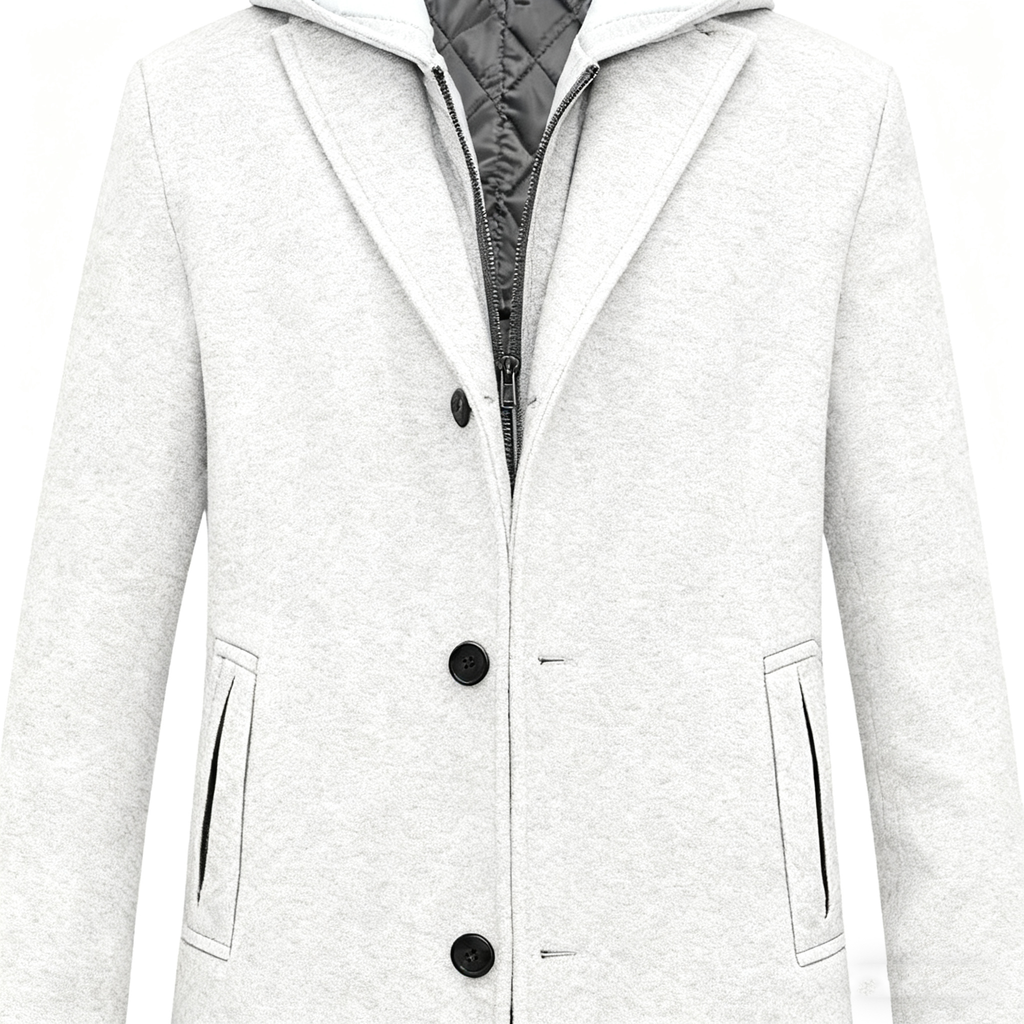 Men's Gray Wool-Blend Trench Coat with Removable Hooded Quilted Liner - 3-in-1 Winter Overcoat for Sophisticated Style & Maximum Warmth