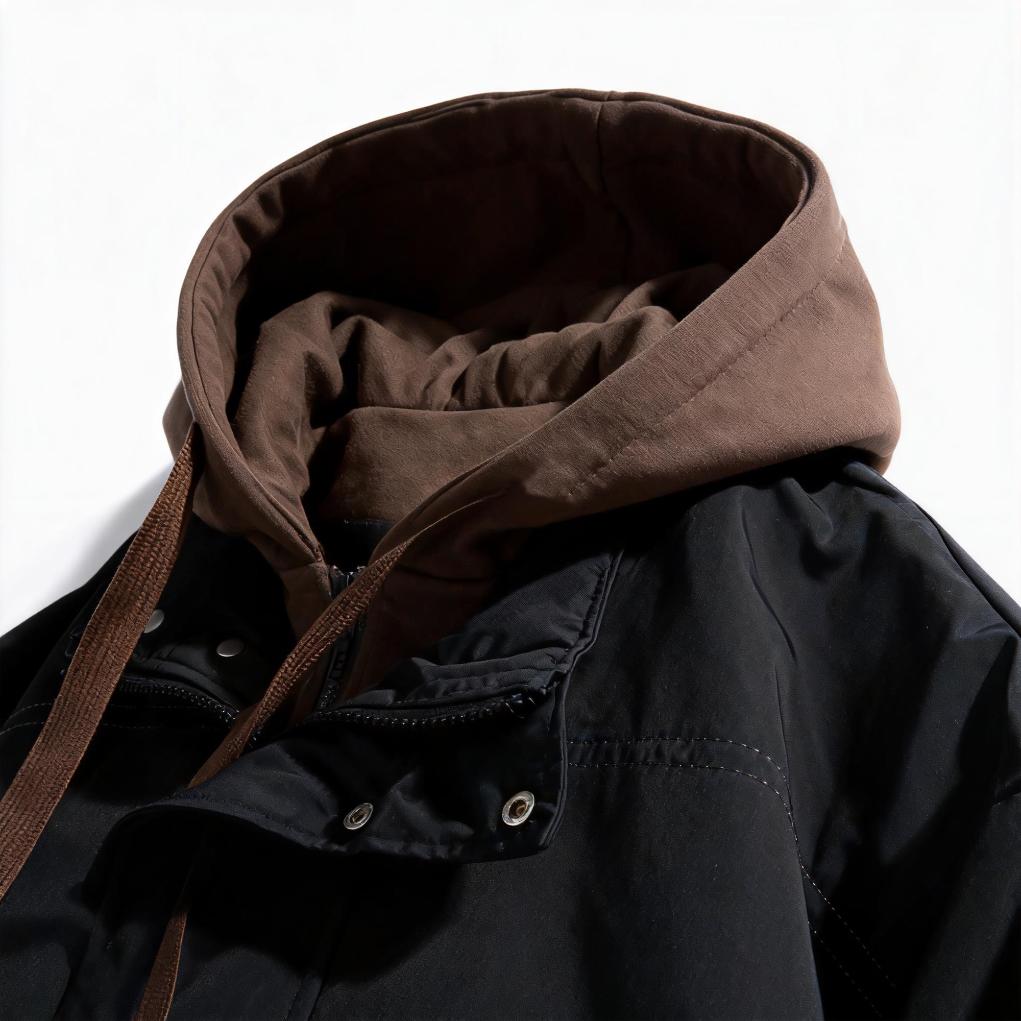 Men's Black & Brown Contrast Hooded Jacket - Urban Street Style & Versatile Comfort for Casual Outings