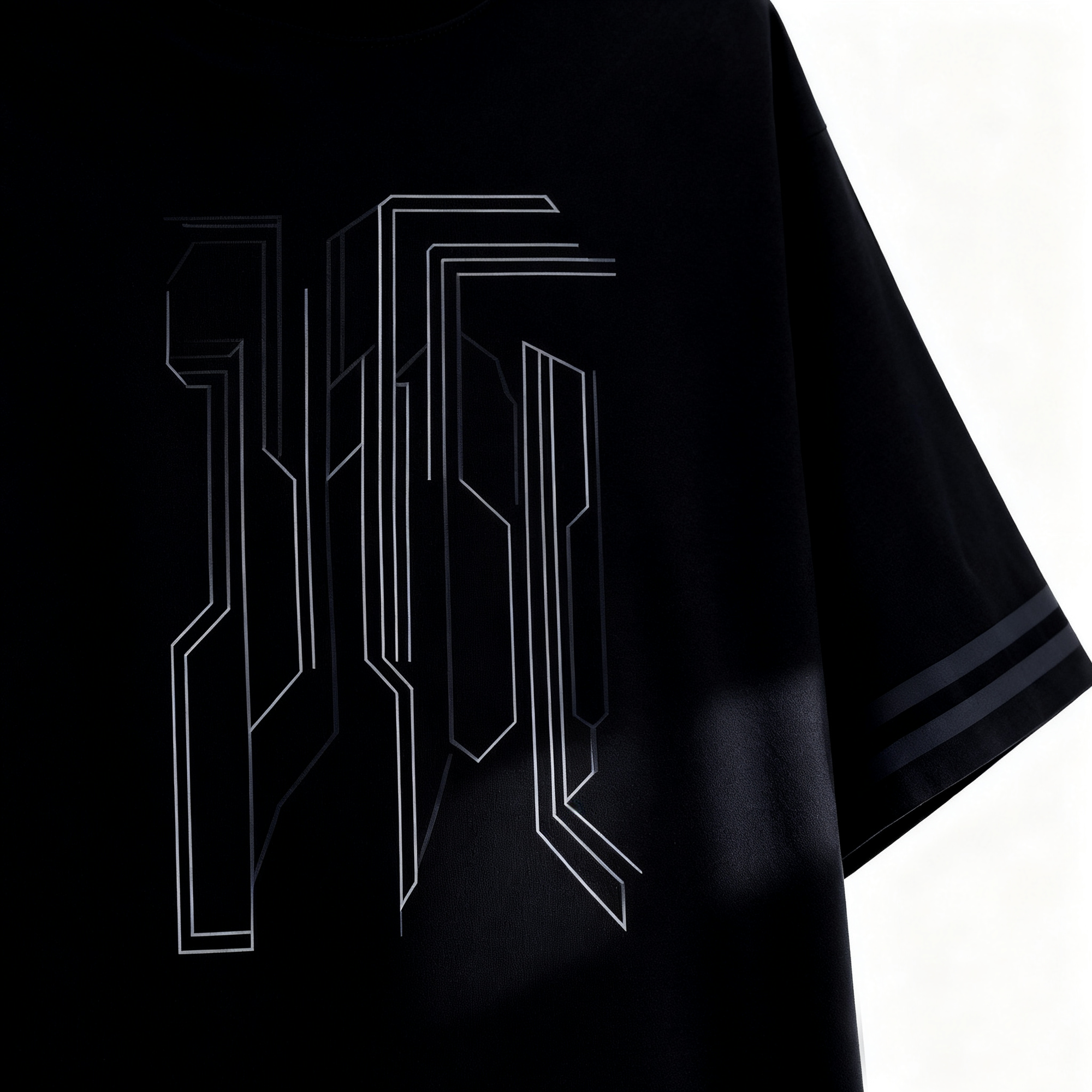 Men's Black Tech-Inspired Graphic T-Shirt with Striped Cuffs - Urban Streetwear Tee for Casual & Trendy Looks
