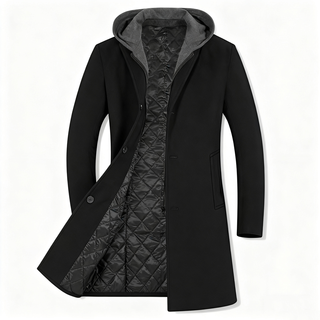 Men's Hooded Wool-Blend Trench Coat - Black 3-in-1 Overcoat for Business, Casual, and Winter Layering