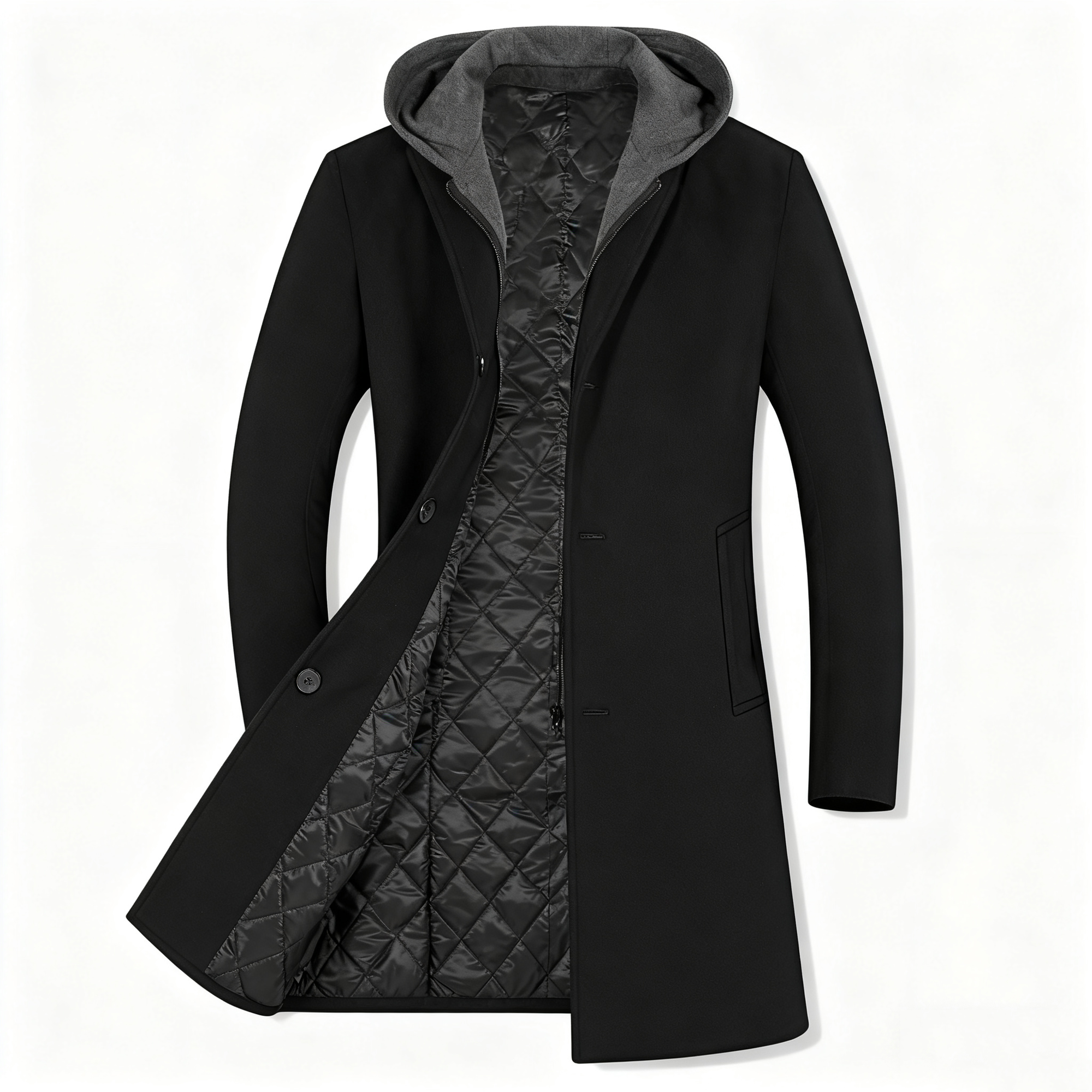 Men's Hooded Wool-Blend Trench Coat - Black 3-in-1 Overcoat for Business, Casual, and Winter Layering