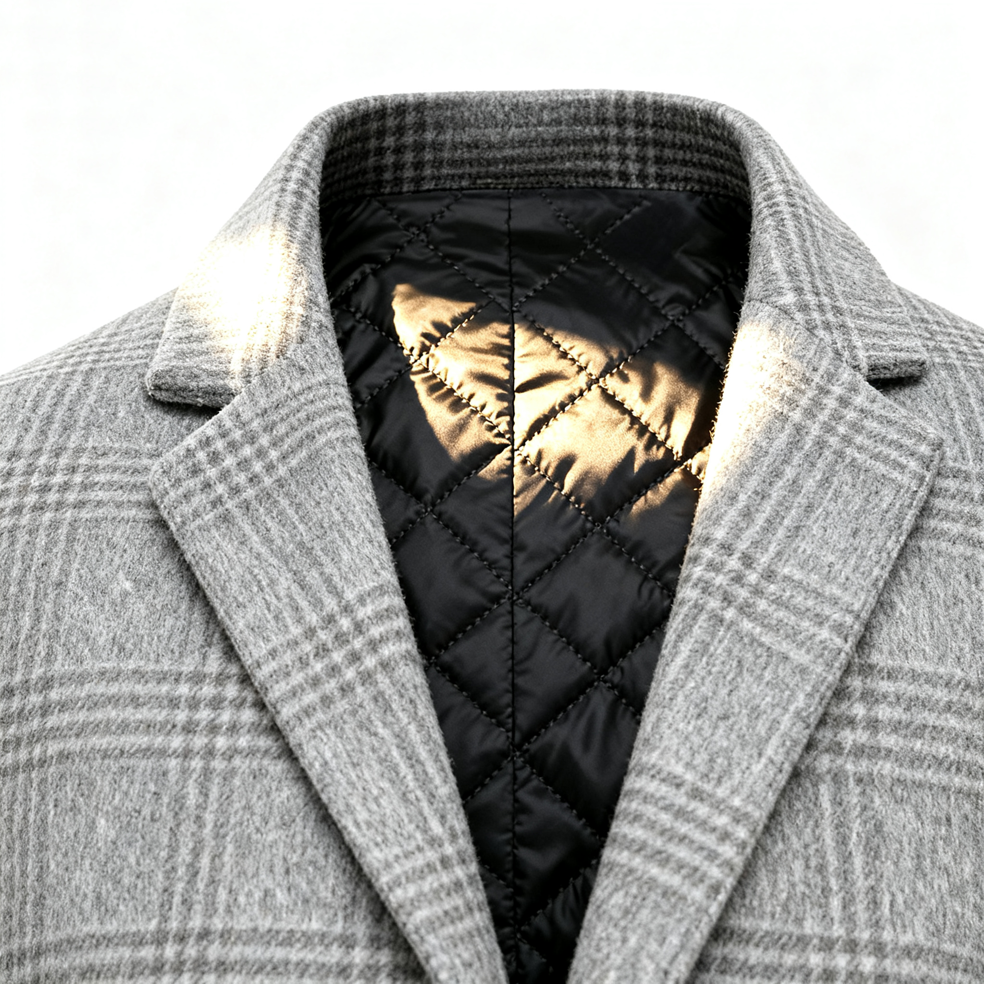 Men's Gray Plaid Wool-Blend Trench Coat with Quilted Liner - Classic Tailored Overcoat for Winter Sophistication & Warmth