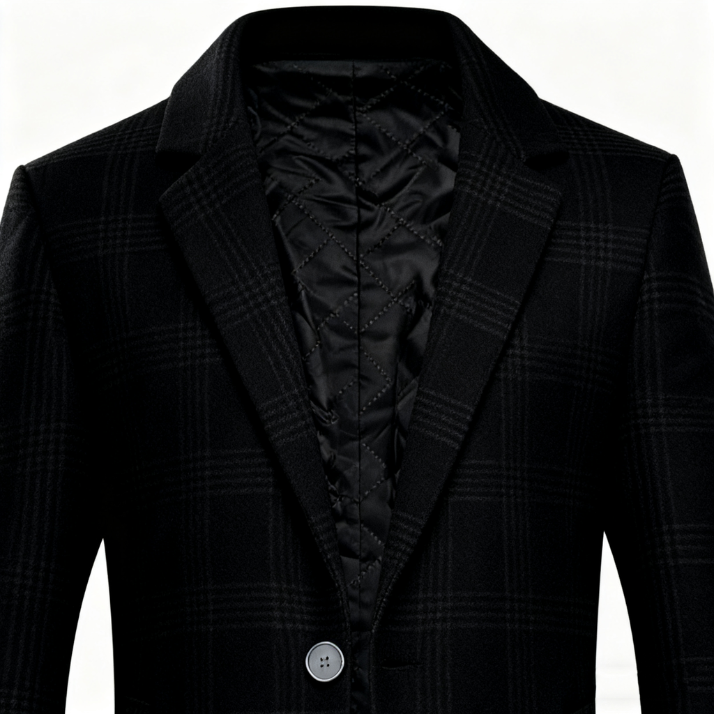 Men's Black Plaid Wool-Blend Trench Coat - Timeless Overcoat with Quilted Lining for Formal, Business, and Winter Elegance
