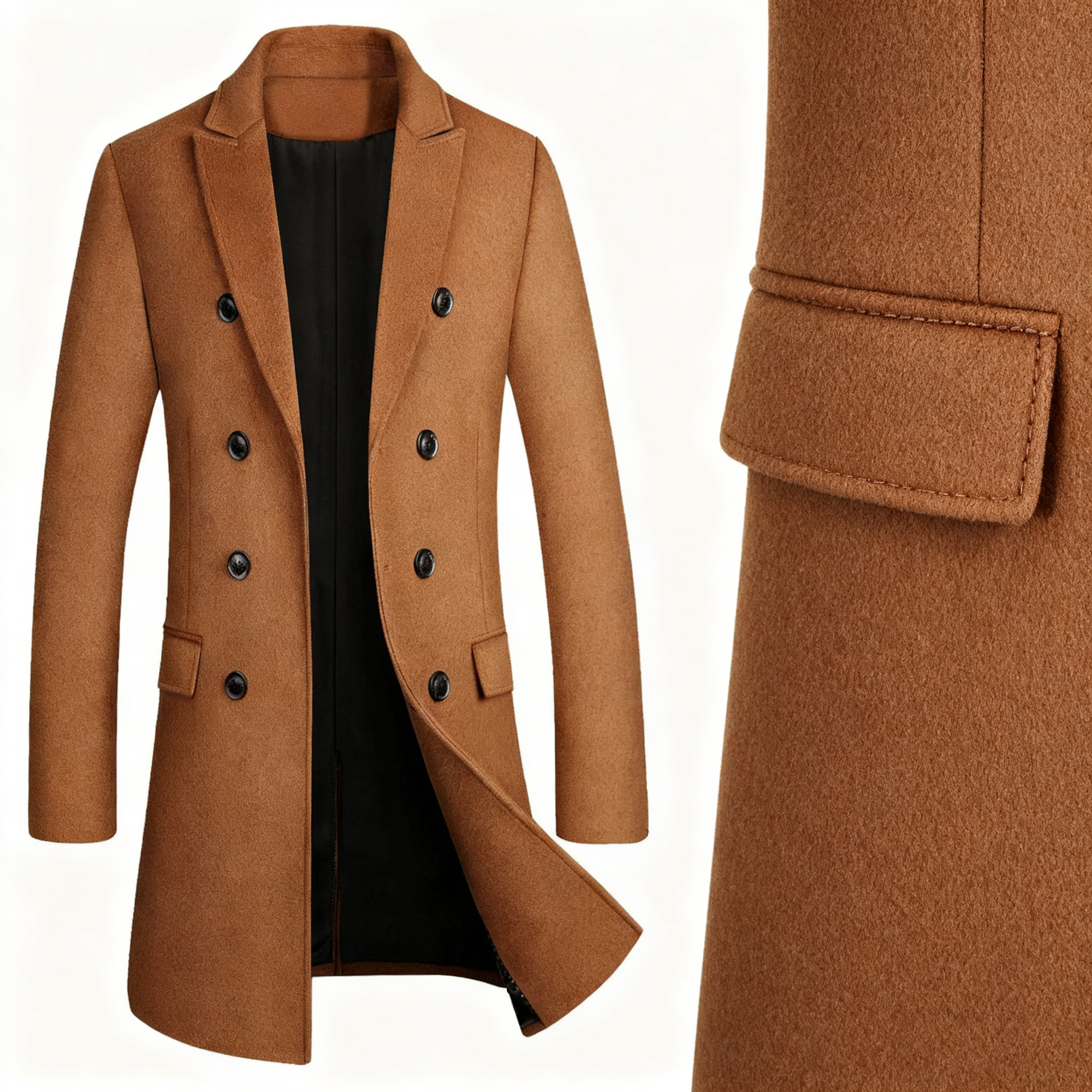 Men's Camel Double-Breasted Trench Coat - Timeless Wool-Blend Overcoat for Formal, Business & Casual Elegance