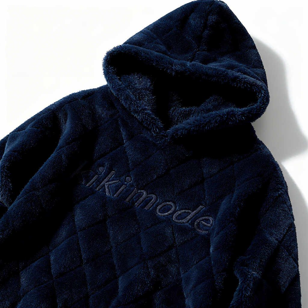 100% Polyester Deep Navy Fuzzy Quilted Hoodie: Sophisticated Comfort & Textured Luxury