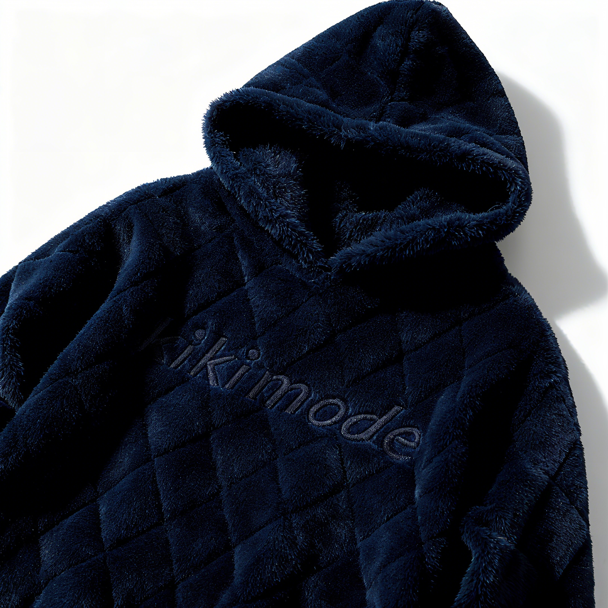 100% Polyester Deep Navy Fuzzy Quilted Hoodie: Sophisticated Comfort & Textured Luxury
