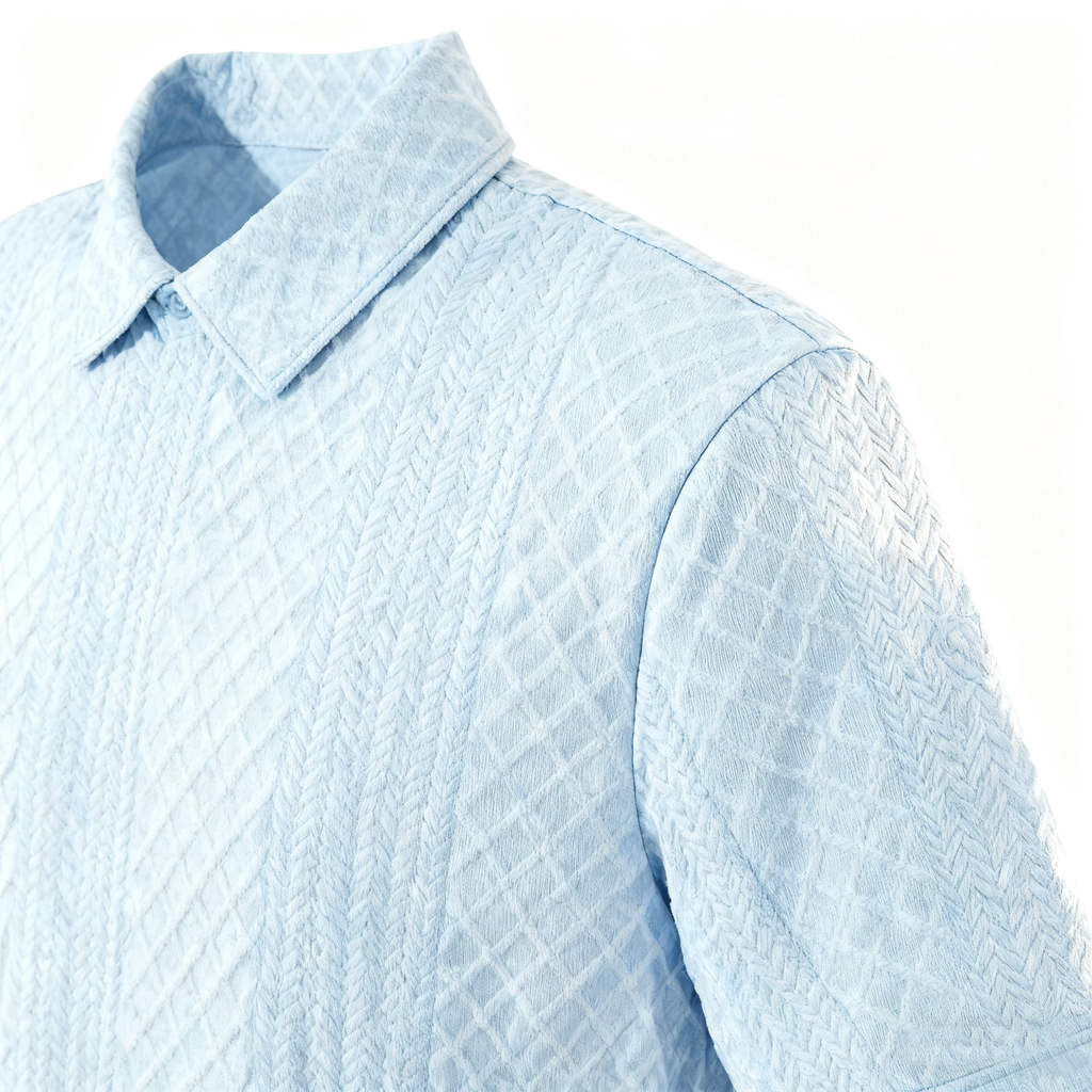 Men's Light Blue Textured Polo Shirt - Retro-Inspired Knit Pattern Polo for Casual & Smart-Casual Occasions