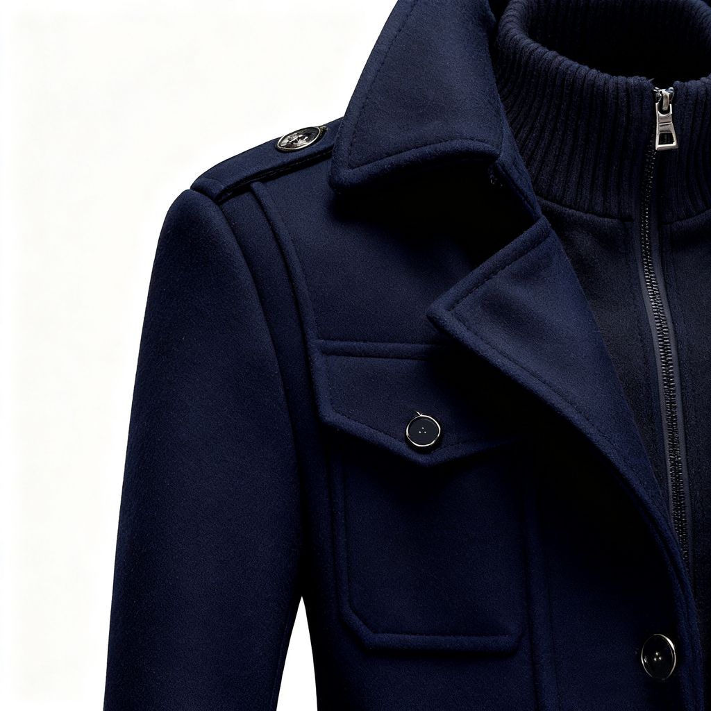 Men's Navy Wool-Blend Trench Coat with Detachable Knit Inner - Classic Double-Layered Overcoat for Winter Elegance & Warmth