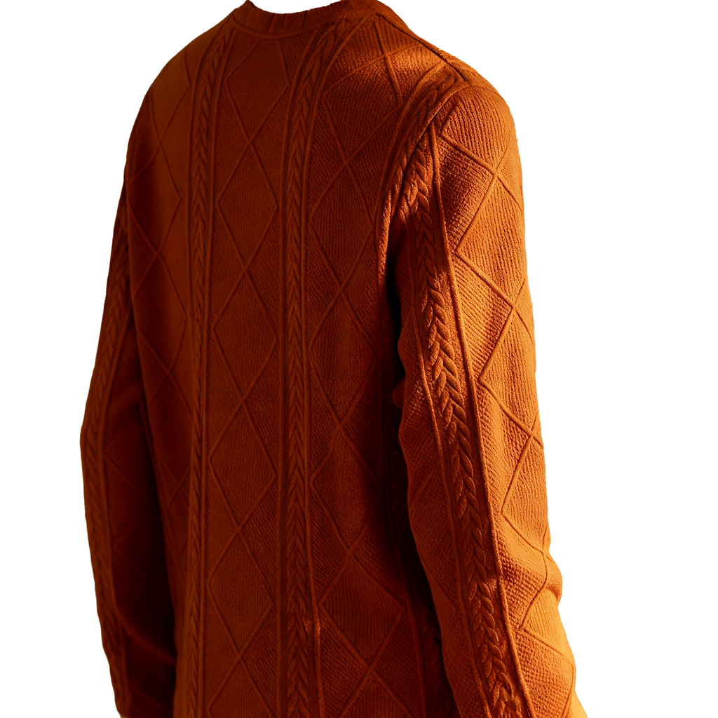 Men's Textured Knit Sweater - Rust Orange Crew Neck Pullover for Elevated Casual & Seasonal Styling
