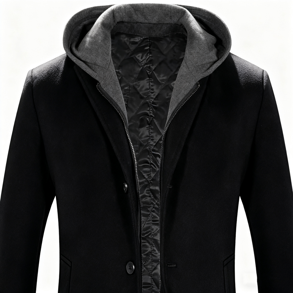 Men's Hooded Wool-Blend Trench Coat - Black 3-in-1 Overcoat for Business, Casual, and Winter Layering