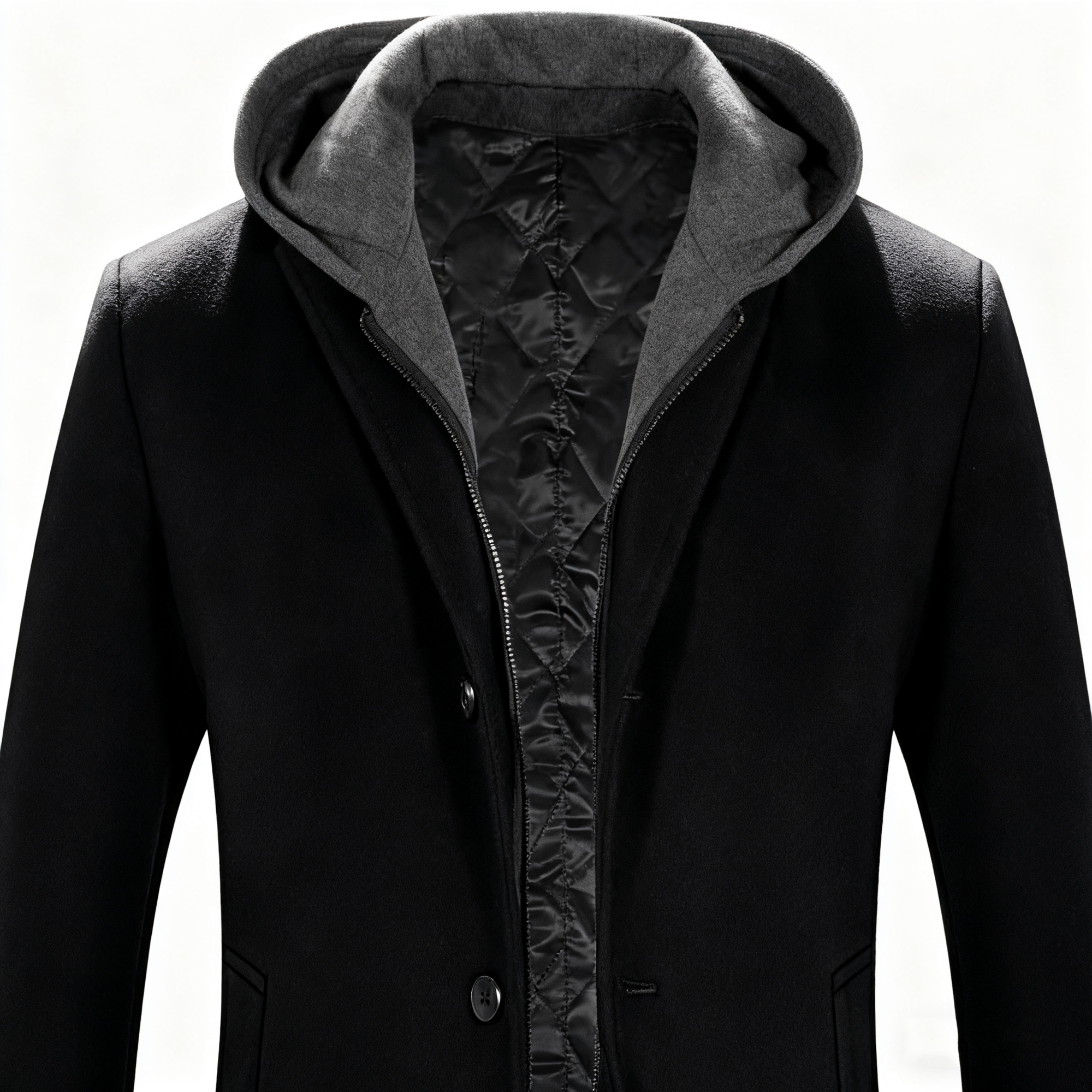 Men's Hooded Wool-Blend Trench Coat - Black 3-in-1 Overcoat for Business, Casual, and Winter Layering