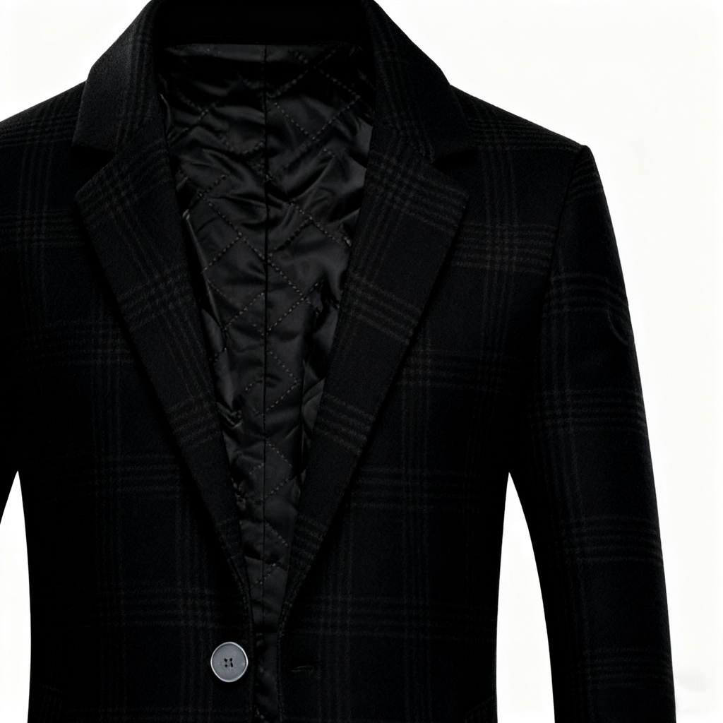 Men's Black Plaid Wool-Blend Trench Coat - Timeless Overcoat with Quilted Lining for Formal, Business, and Winter Elegance