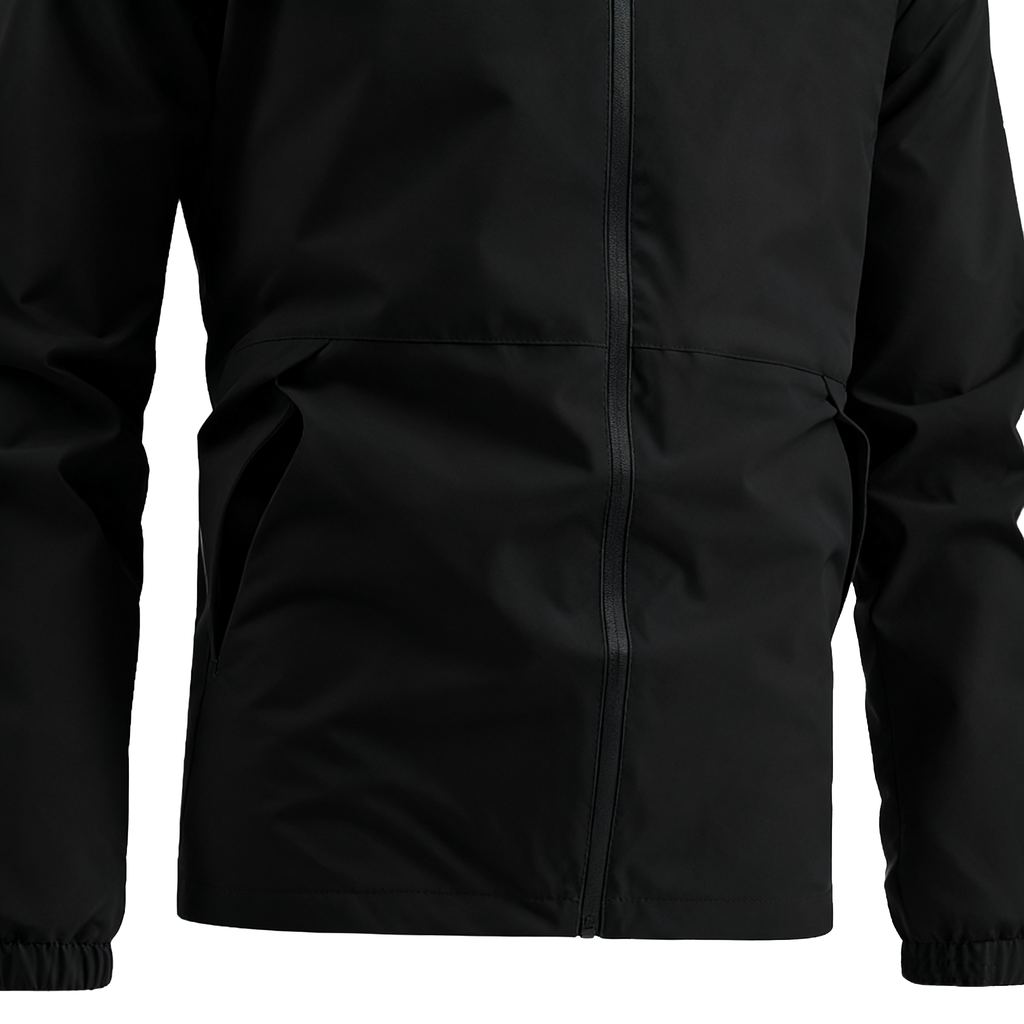 100% Polyester Black Waterproof Jacket: Ultimate All-Weather Protection with Sleek Urban Style