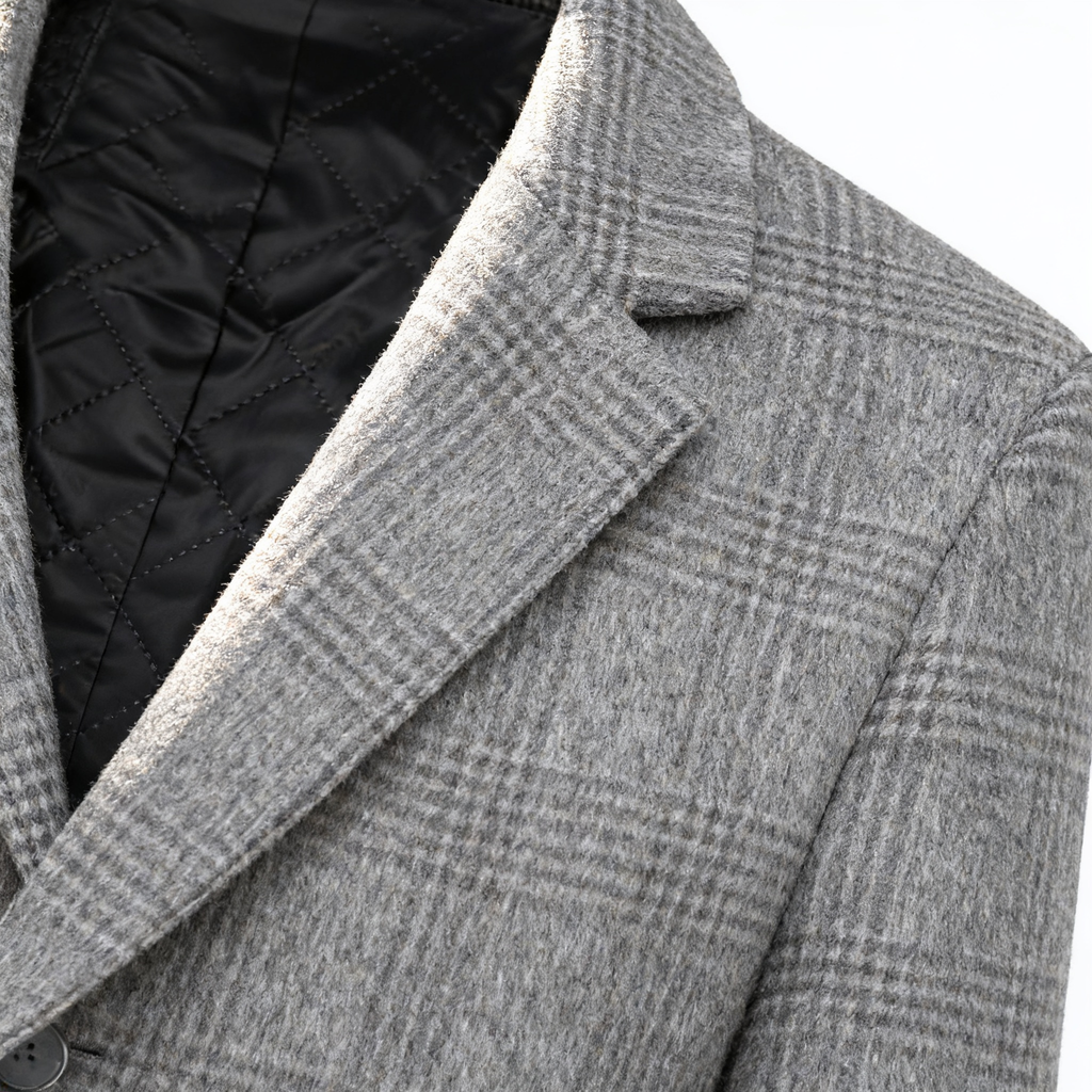 Men's Gray Plaid Wool-Blend Trench Coat with Quilted Liner - Classic Tailored Overcoat for Winter Sophistication & Warmth