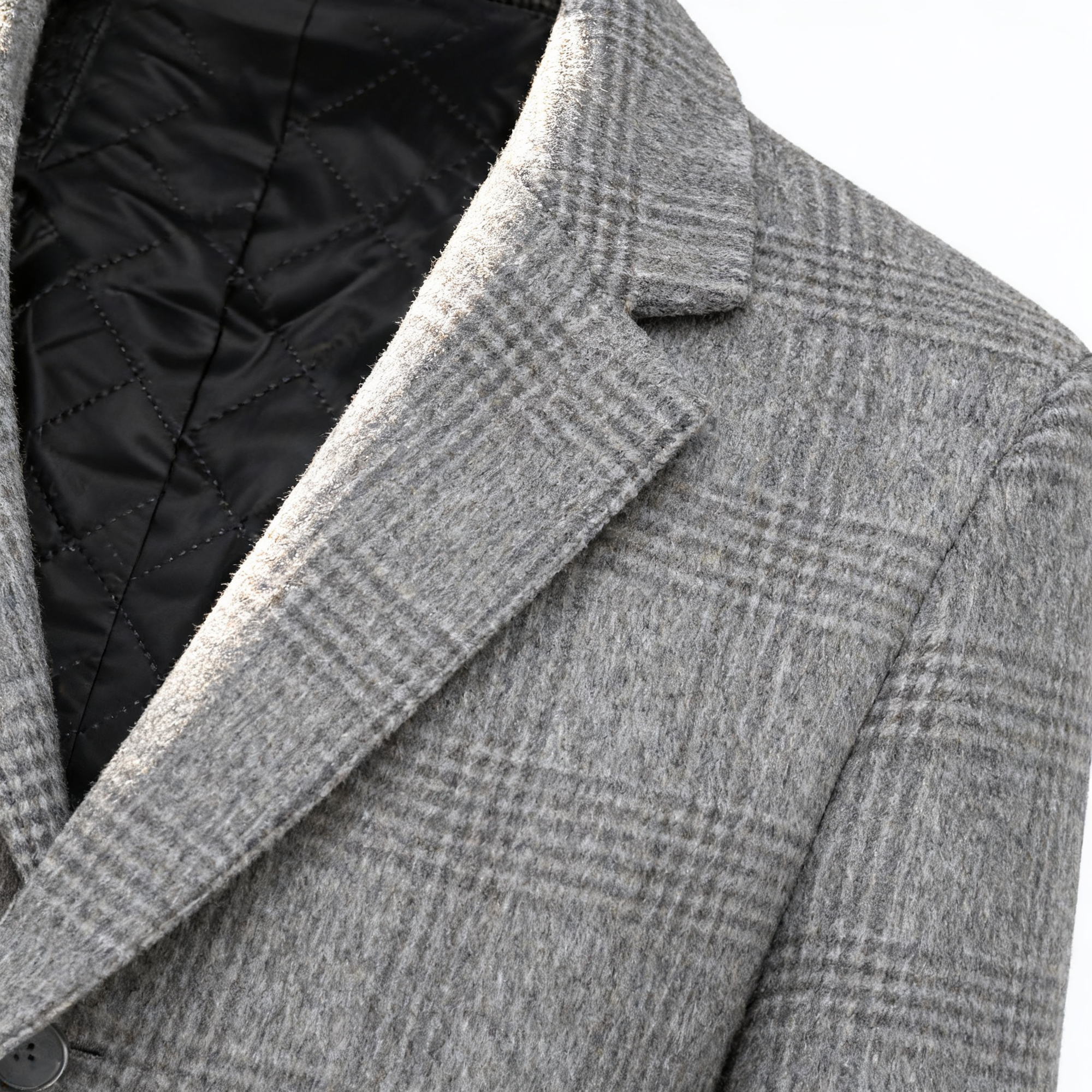 Men's Gray Plaid Wool-Blend Trench Coat with Quilted Liner - Classic Tailored Overcoat for Winter Sophistication & Warmth