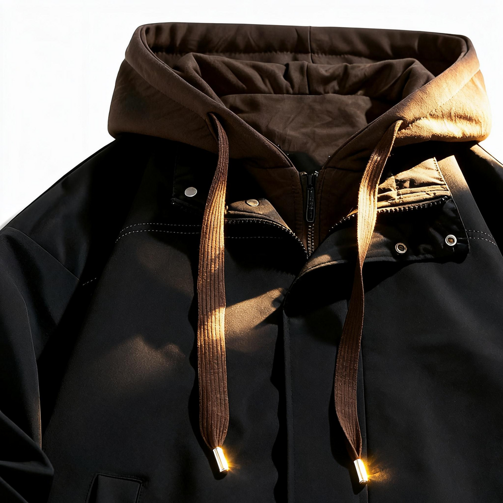 Men's Black & Brown Contrast Hooded Jacket - Urban Street Style & Versatile Comfort for Casual Outings