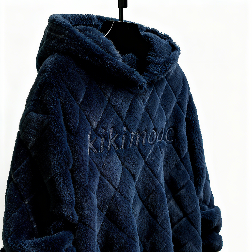 100% Polyester Deep Navy Fuzzy Quilted Hoodie: Sophisticated Comfort & Textured Luxury