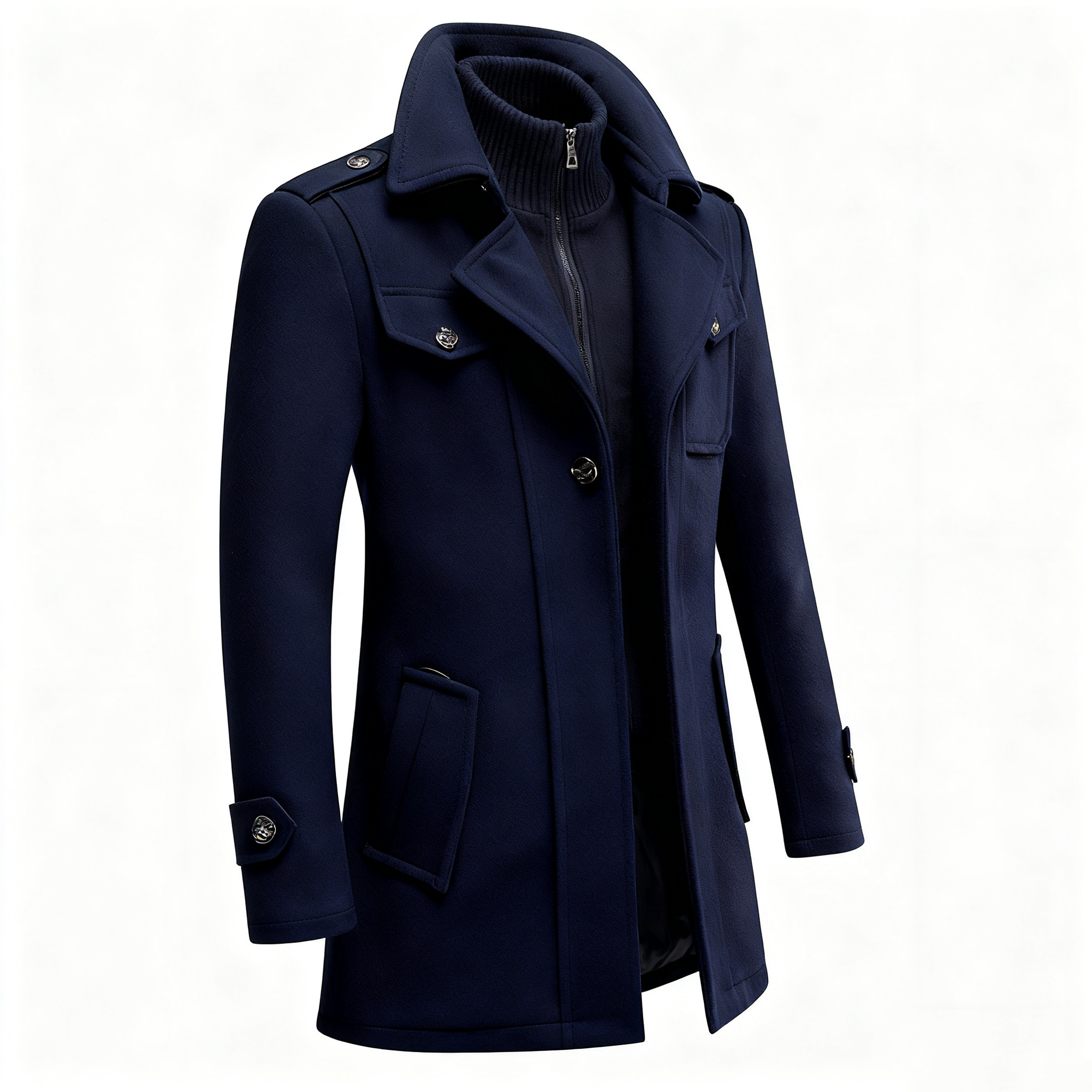 Men's Navy Wool-Blend Trench Coat with Detachable Knit Inner - Classic Double-Layered Overcoat for Winter Elegance & Warmth