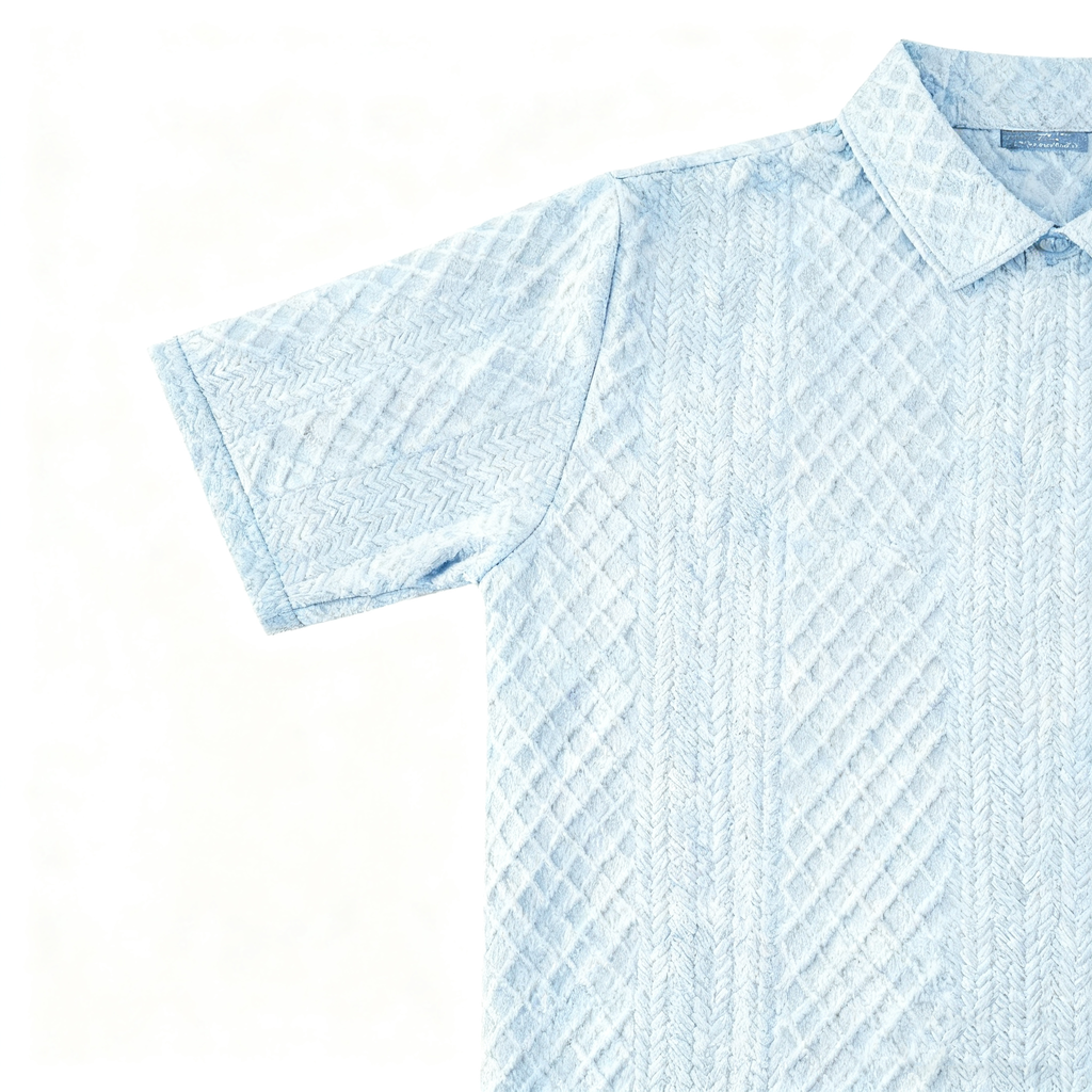 Men's Light Blue Textured Polo Shirt - Retro-Inspired Knit Pattern Polo for Casual & Smart-Casual Occasions