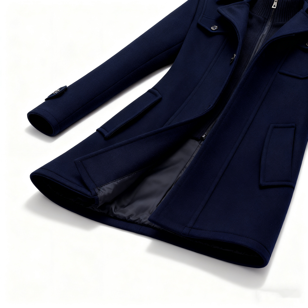 Men's Navy Wool-Blend Trench Coat with Detachable Knit Inner - Classic Double-Layered Overcoat for Winter Elegance & Warmth