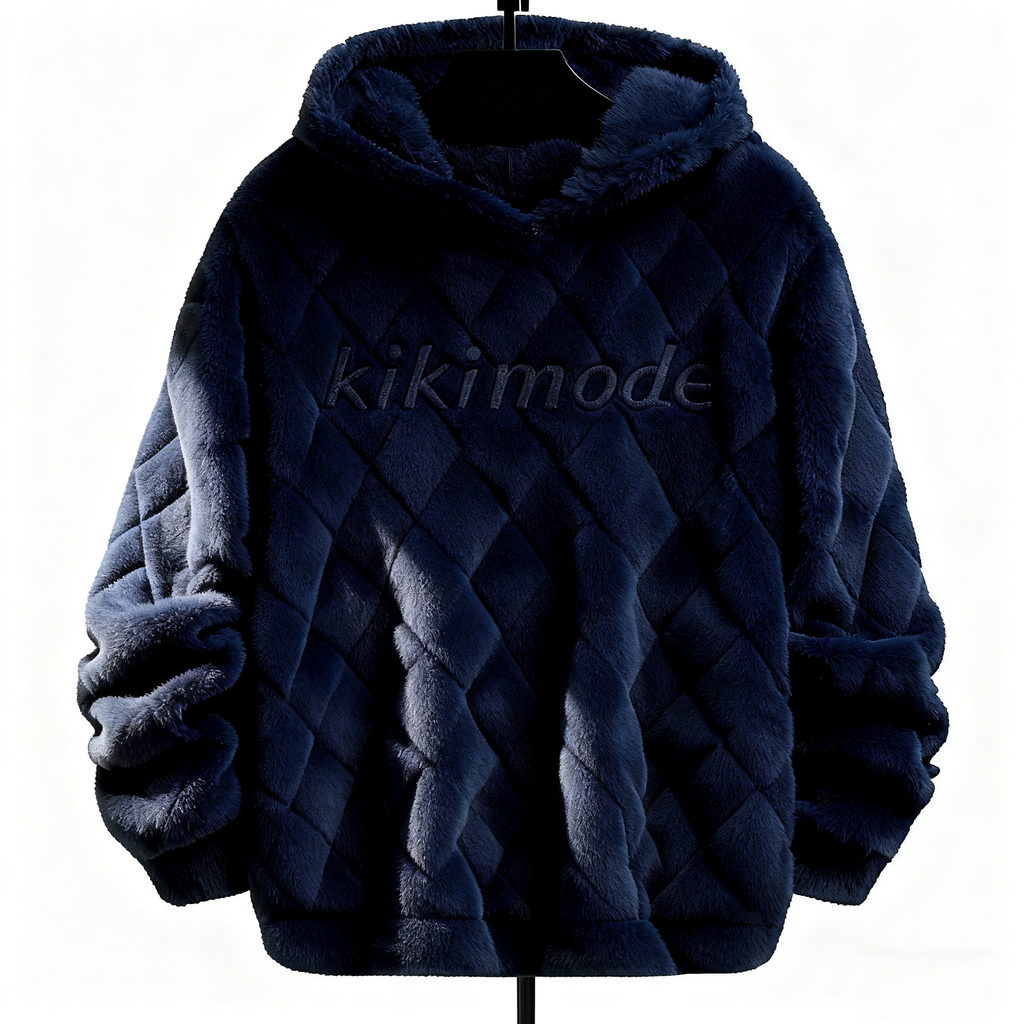 100% Polyester Deep Navy Fuzzy Quilted Hoodie: Luxe Comfort & Textured Sophistication