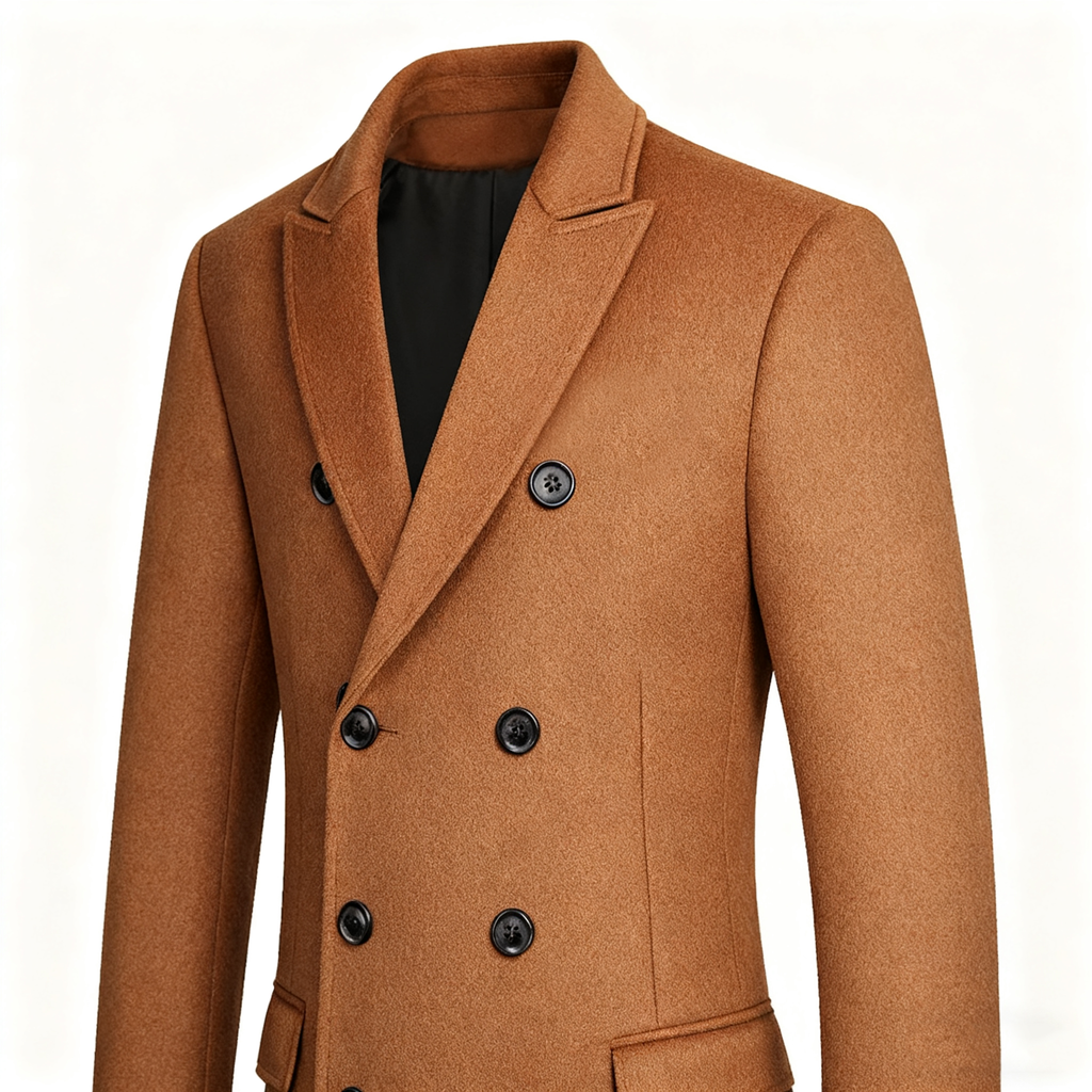 Men's Camel Double-Breasted Trench Coat - Timeless Wool-Blend Overcoat for Formal, Business & Casual Elegance
