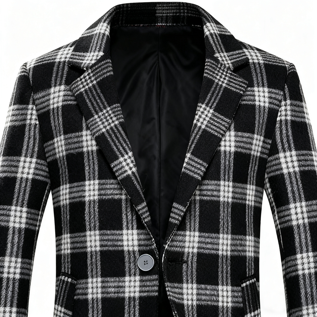 Black & White Plaid Wool-Blend Trench Coat: Retro-Chic Style & Timeless Versatility