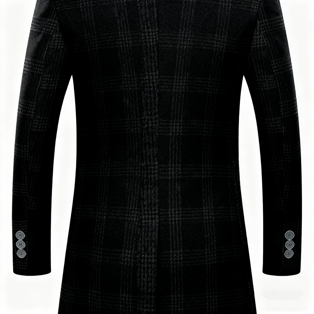 Men's Black Plaid Wool-Blend Trench Coat - Timeless Overcoat with Quilted Lining for Formal, Business, and Winter Elegance