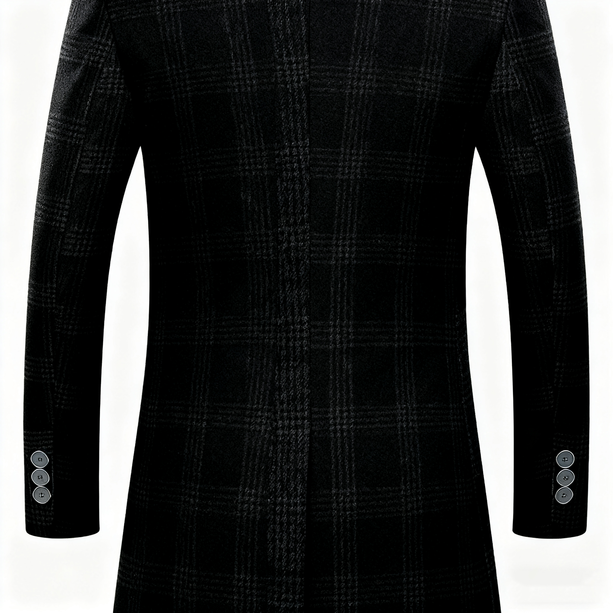 Men's Black Plaid Wool-Blend Trench Coat - Timeless Overcoat with Quilted Lining for Formal, Business, and Winter Elegance