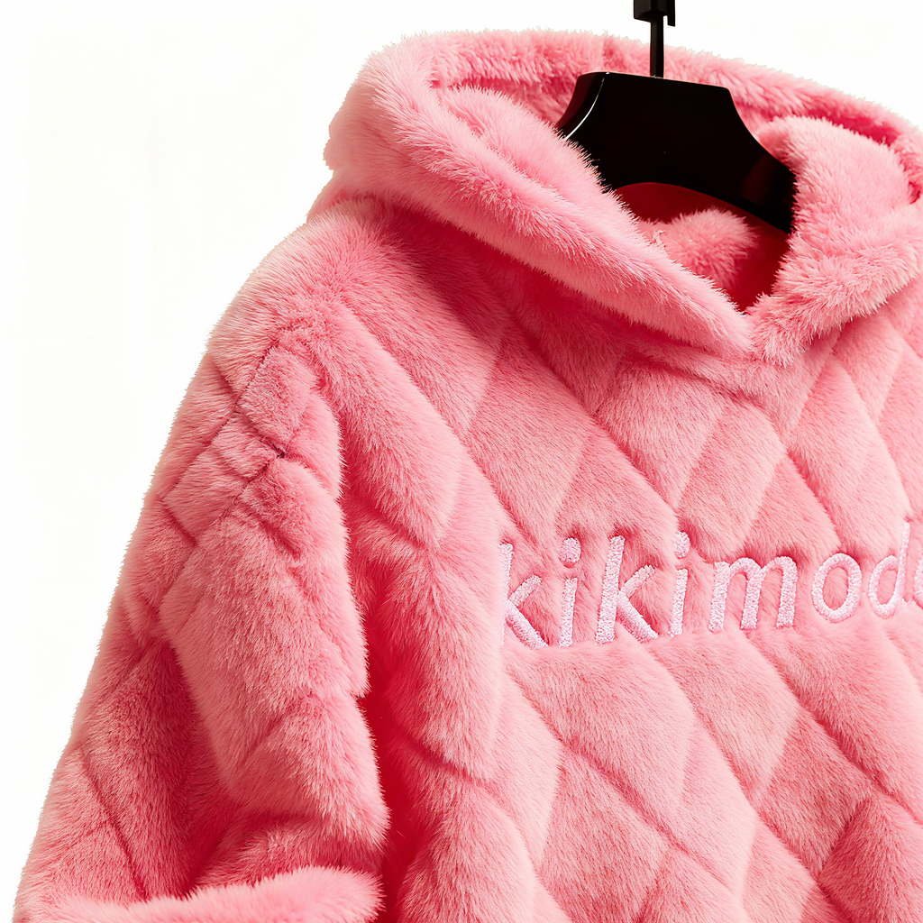 100% Polyester Pink Fuzzy Quilted Hoodie: Playful Chic & Cloud-Soft Comfort