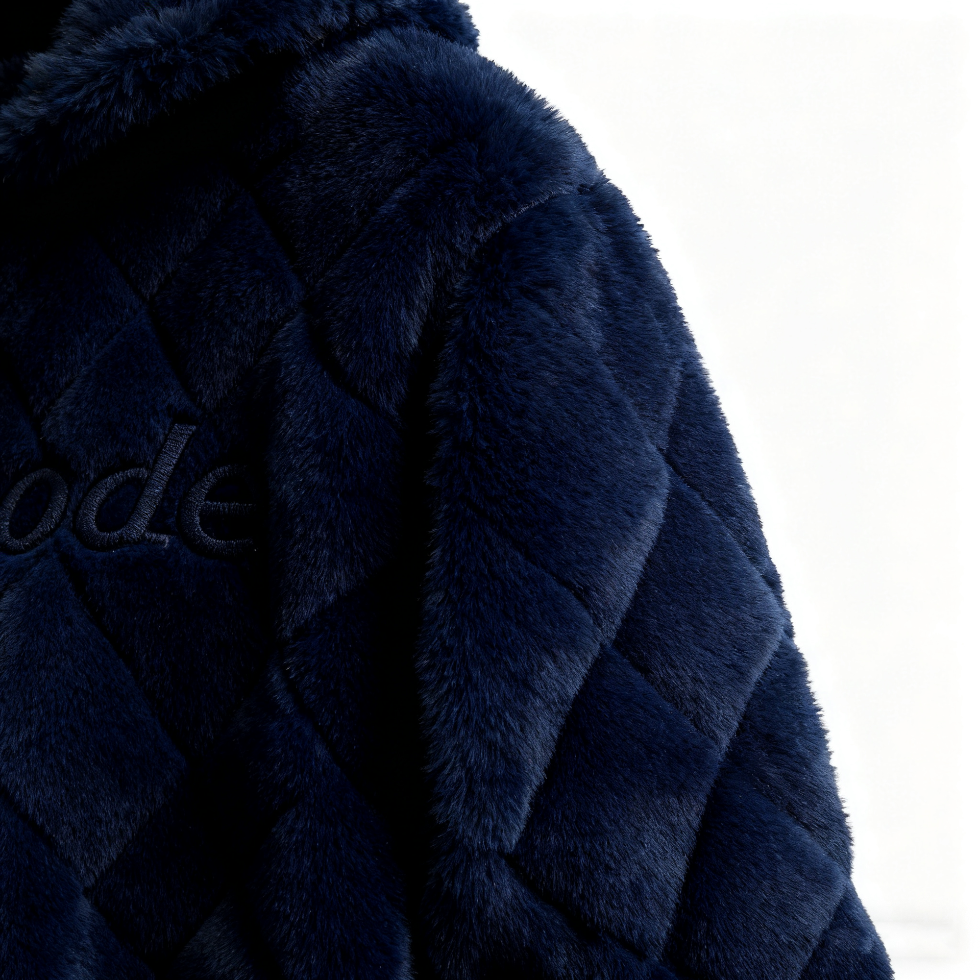 100% Polyester Deep Navy Fuzzy Quilted Hoodie: Luxe Comfort & Textured Sophistication