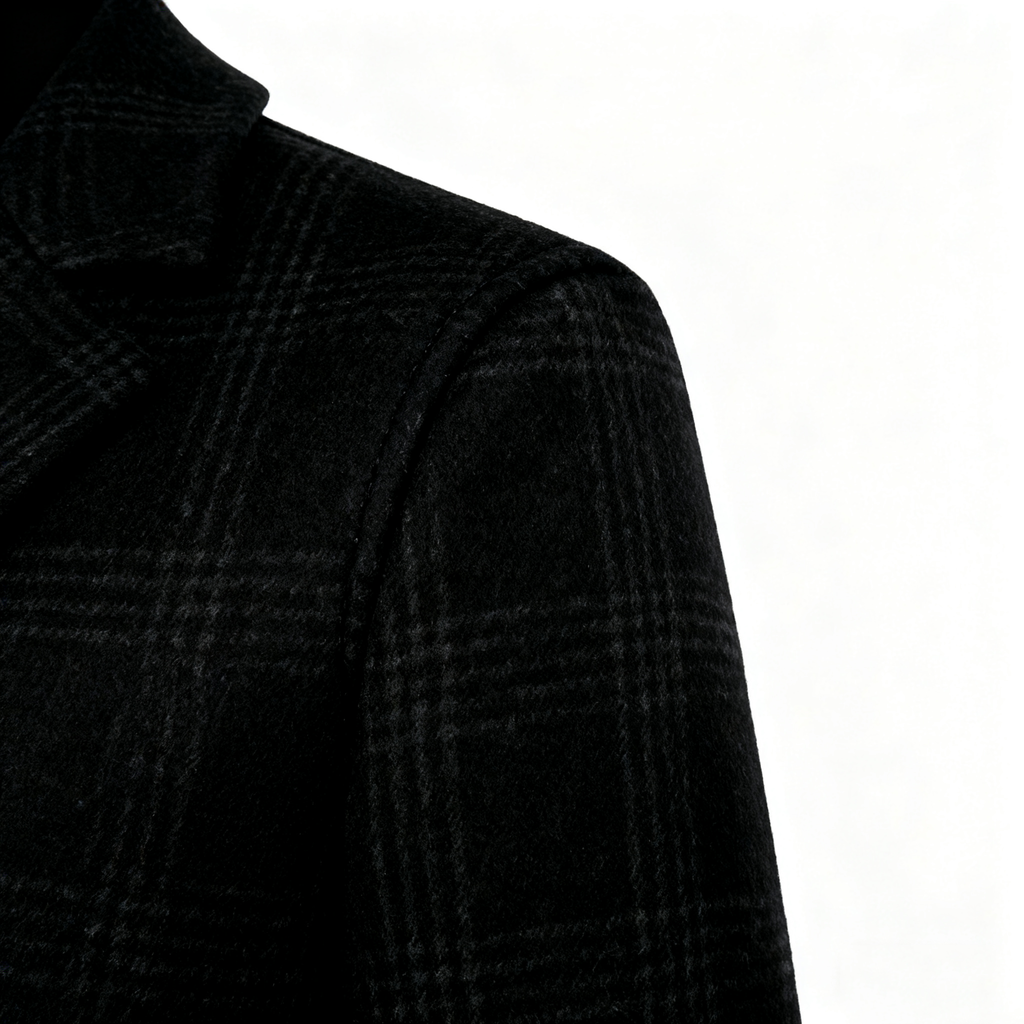 Men's Black Plaid Wool-Blend Trench Coat - Timeless Overcoat with Quilted Lining for Formal, Business, and Winter Elegance