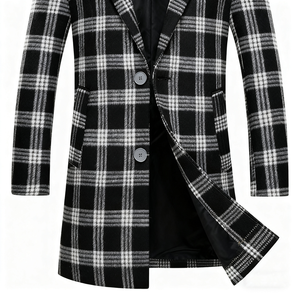 Black & White Plaid Wool-Blend Trench Coat: Retro-Chic Style & Timeless Versatility