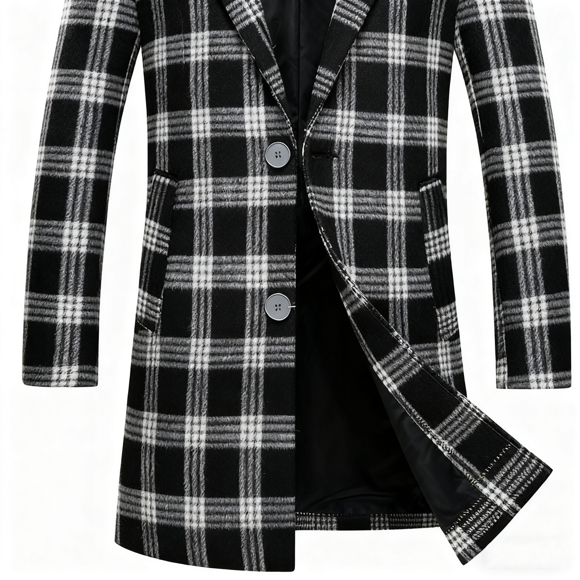 Black & White Plaid Wool-Blend Trench Coat: Retro-Chic Style & Timeless Versatility