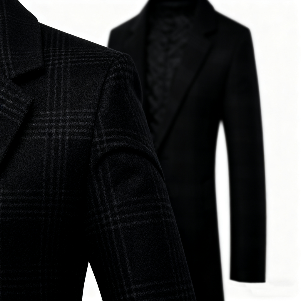 Men's Black Plaid Wool-Blend Trench Coat - Timeless Overcoat with Quilted Lining for Formal, Business, and Winter Elegance