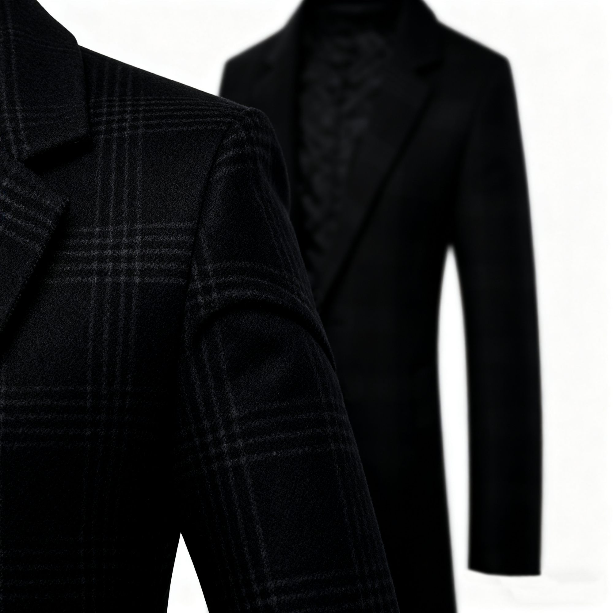 Men's Black Plaid Wool-Blend Trench Coat - Timeless Overcoat with Quilted Lining for Formal, Business, and Winter Elegance